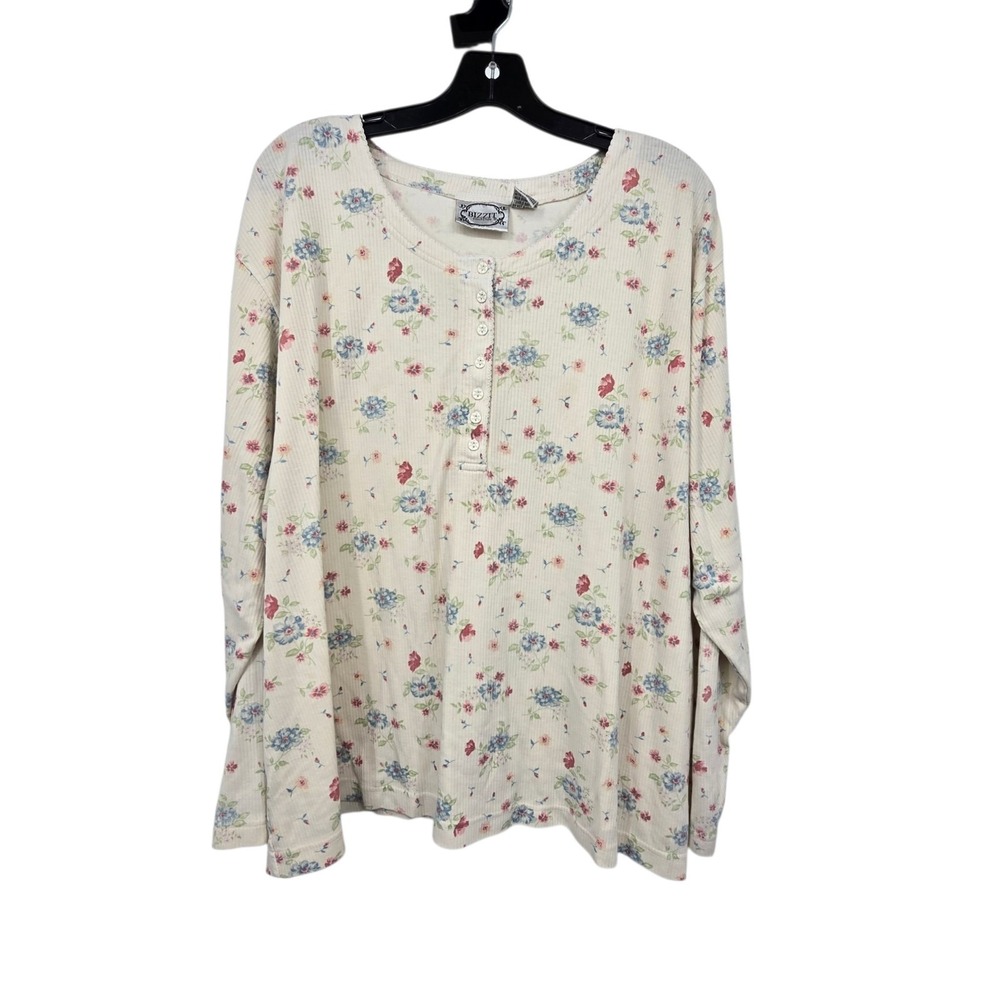 Vintage 90s Y2K Ditsy Floral Henley Top Womens 3X Thermal Rib Fairy Cottage Boho